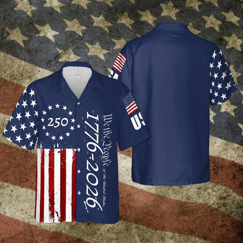 Men’s U.S. 250th Anniversary Hawaiian Shirt, Patriotic Flag Stars Button Down, 1776 2026 Independence Day Outfit