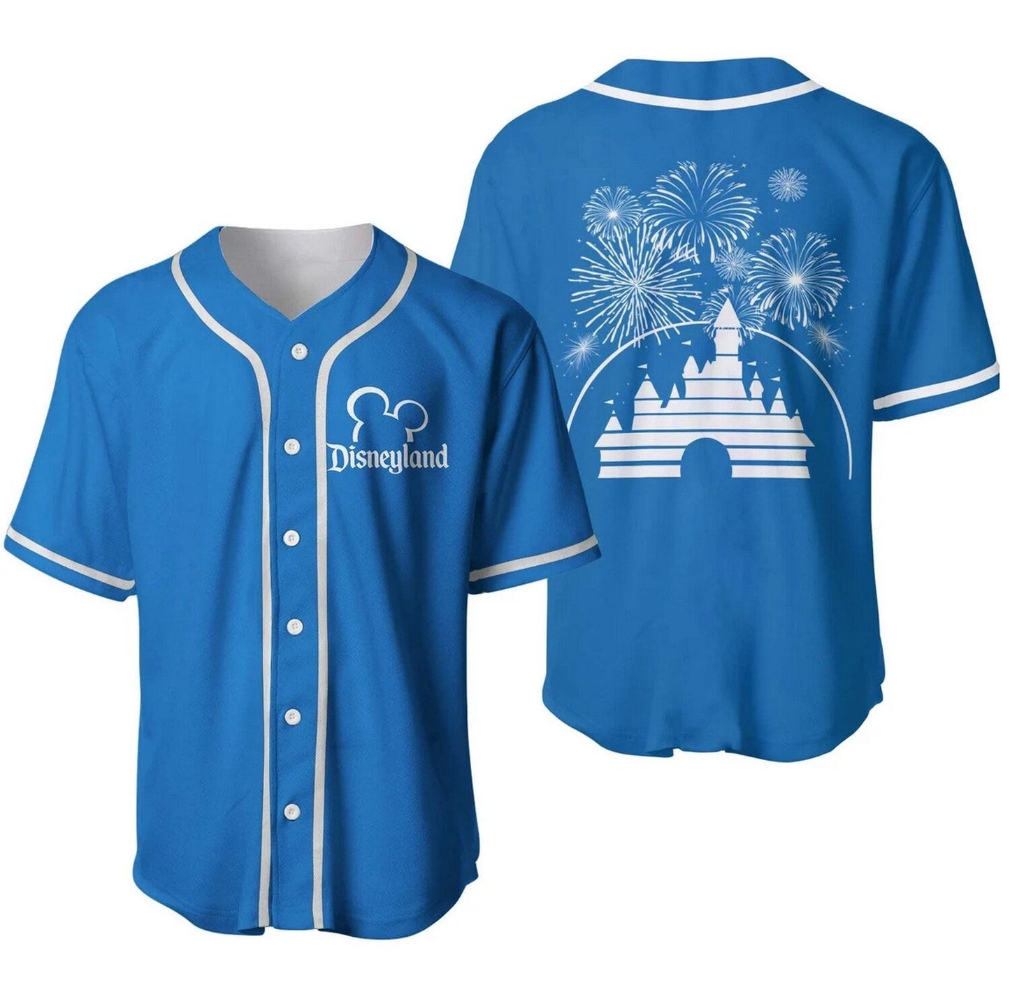 Disney Jersey Disneyland Castle Fireworks Silhouette Blue White Jersey Shirt Disney Baseball Jersey Disneyland Baseball Jersey