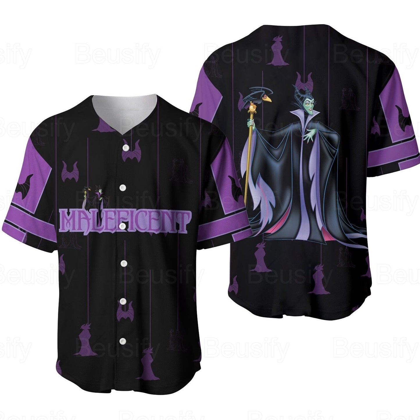 Disney Jersey Disney Villian Maleficent Graphic Pattern Purple Black Jersey Shirt Disney Baseball Jersey Maleficent Baseball Jersey