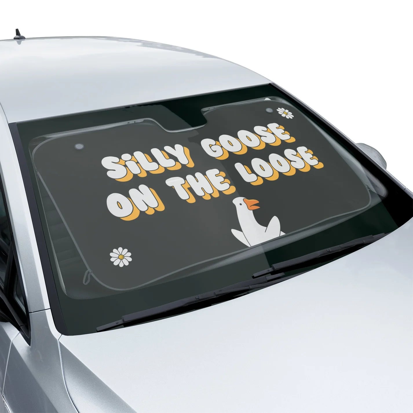 Funny Car Sun Shade Silly Goose On The Loose Winshield Sun Shade Black White