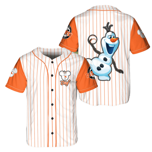 Disney Jersey Disney Funny Face Olaf Playing As Pitcher Graphic White Orange Stripes Jersey Shirt Disney Baseball Jersey Frozen Baseball Jersey