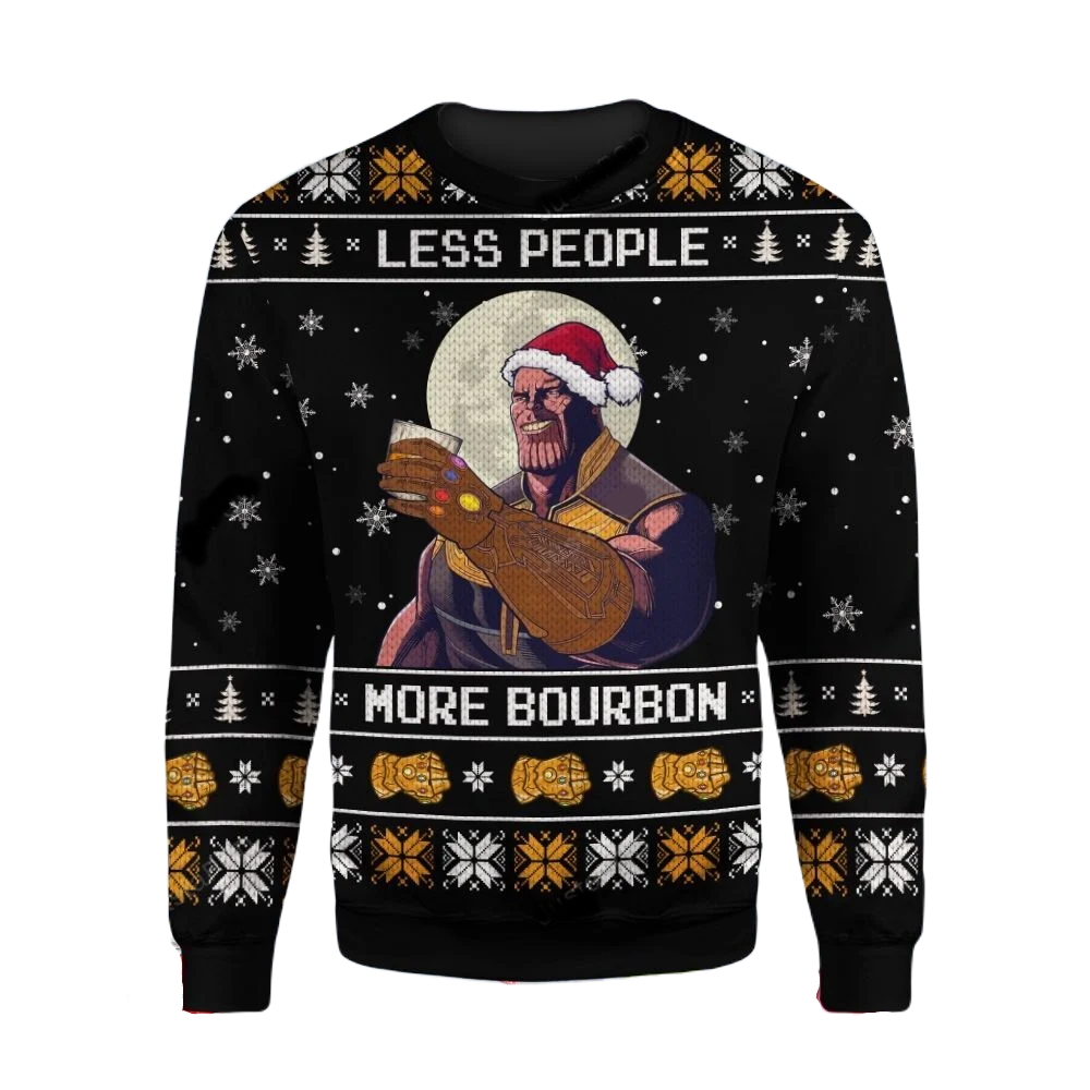 Unifinz MV Christmas Ugly Sweater Thanos Less People More Bourbon Gauntlet Black Sweater 2023