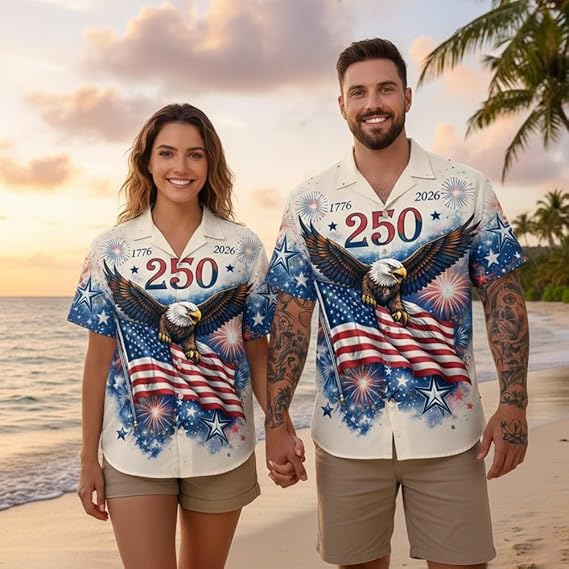 USA 250th Anniversary Eagle Shirt, Patriotic 1776-2026 Hawaiian Independence Day Tee for Men