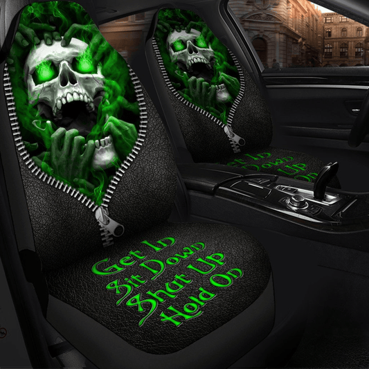 Skull Car Seat Covers Skull Scream Hold on Seat Covers Black Green