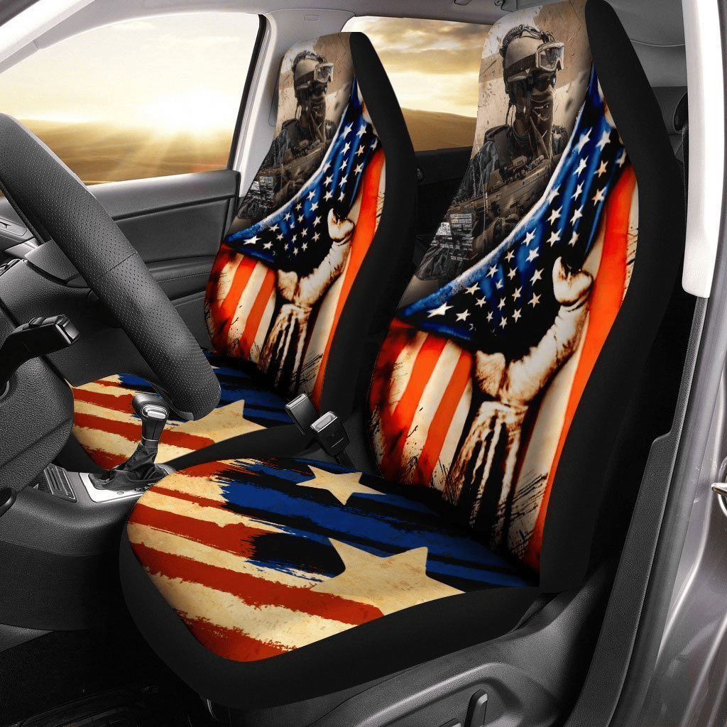 Veteran Car Seat Covers American Flag Soldier On Battlefield Seat Covers Colorful