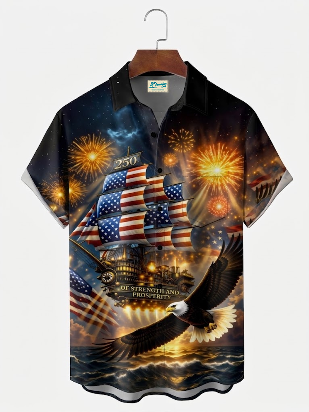 Alohadaddy® Men's Holiday Patriotic 250th Anniversary  USA Flag Eagle Patriotic Sailing Ship Fireworks Print Retro Short-Sleeve Shirt Big & Tall