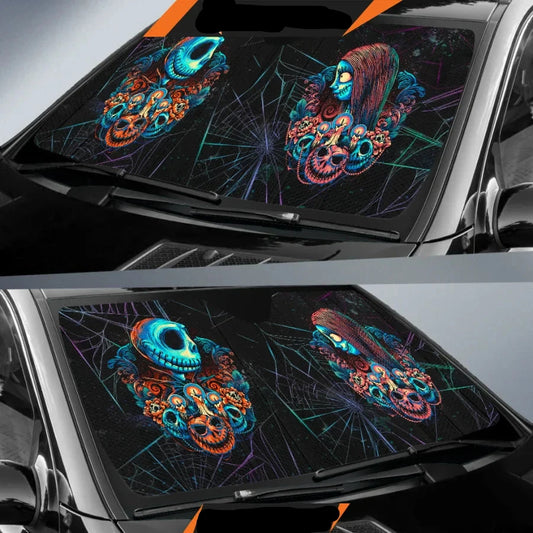 TNBC Car Sun Shade Jack And Sally Skull Web Pattern Winshield Sun Shade Black Blue