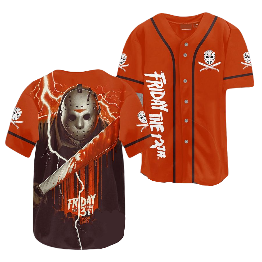 Friday The 13th Baseball Jersey Thunder Strike Graphic Jason Voorhees Jersey Shirt Red Unisex Adult New Release