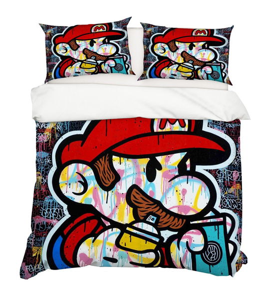 Mario Bedding Set Mario With Spaying Paint Graffiti Duvet Covers Colorful Unique Gift