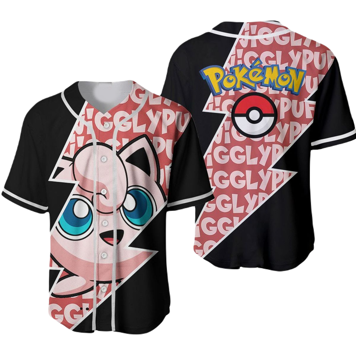 PKM Baseball Jersey Jigglypuff Graphic PKM Jersey Shirt Black Pink Unisex Adult New Release