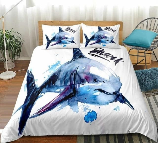 Shark Bedding Set Watercolor Drawing Shark Graphic Duvet Covers White Blue Unique Gift