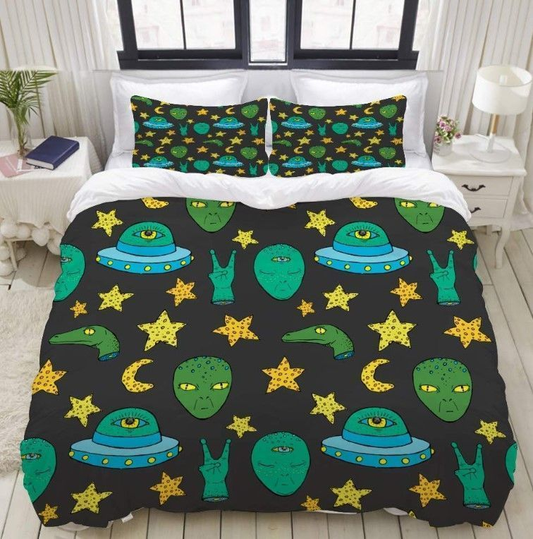 UFO Bedding Set UFO Aliens And Stars Pattern Duvet Covers Black Green Unique Gift