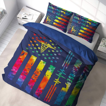 Nurse Bedding Set Nurse American Flag And Medical Symbol Duvet Covers Blue Unique Gift