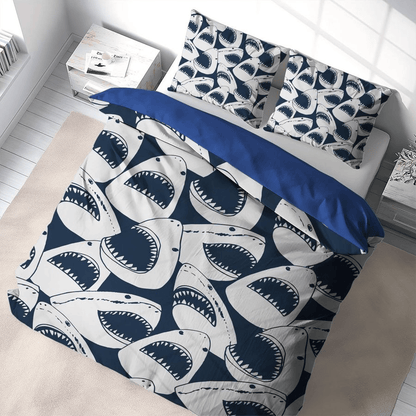 Shark Bedding Set Scary Shark Heads Pattern Duvet Covers Black White Unique Gift