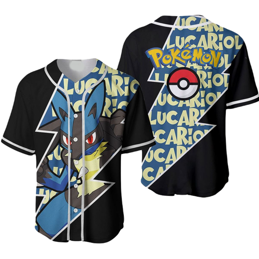 PKM Baseball Jersey Lucario Graphic PKM Jersey Shirt Black Blue Unisex Adult New Release