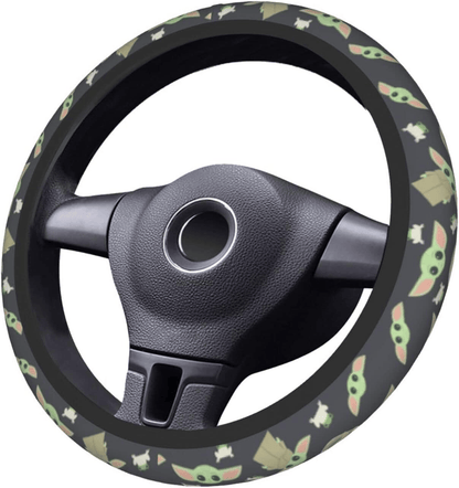 SW Steering Wheel Cover Cute Cartoon Style Baby Yoda Pattern Driving Wheel Cover Green Black