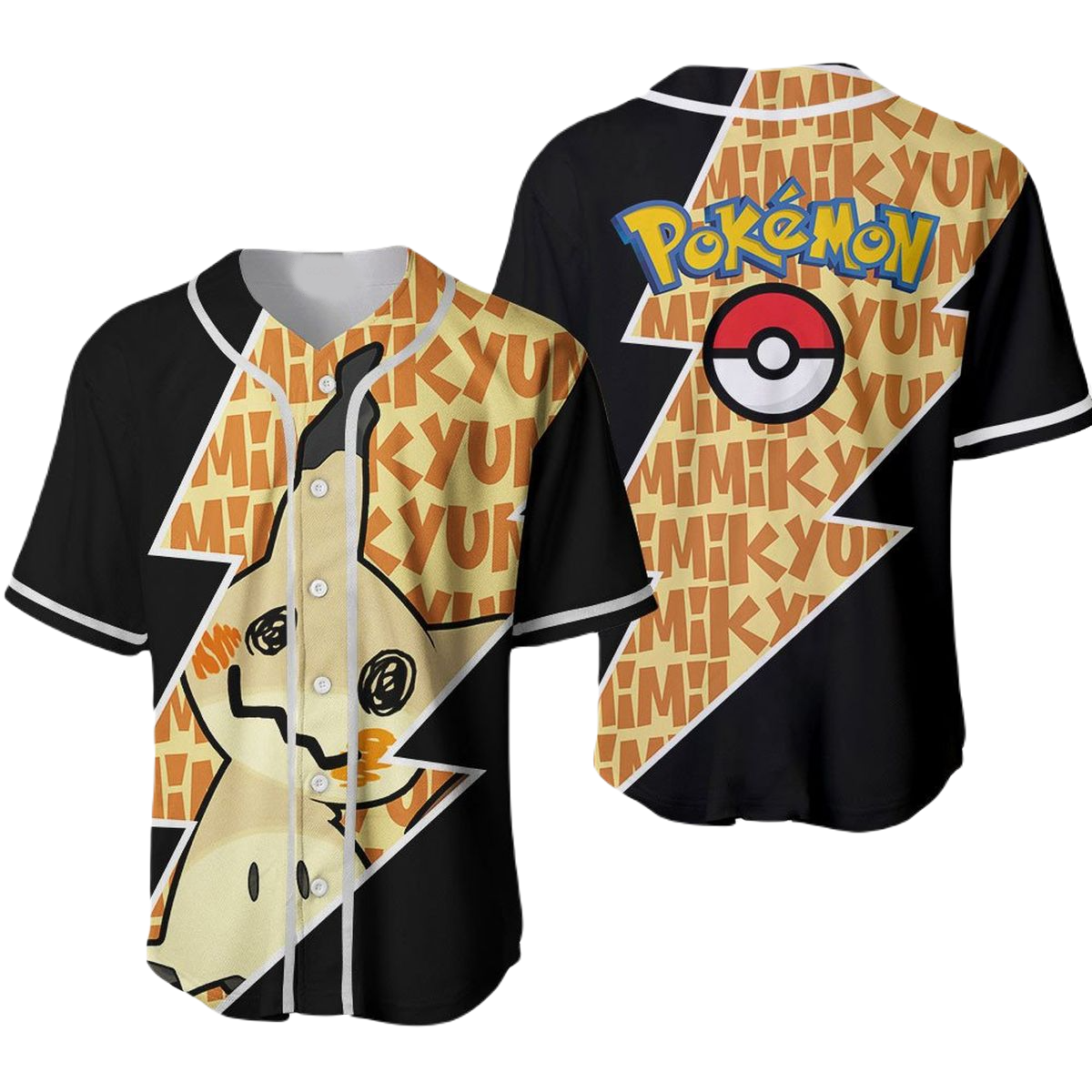 PKM Baseball Jersey Mimikyu Graphic PKM Jersey Shirt Black Yellow Unisex Adult New Release