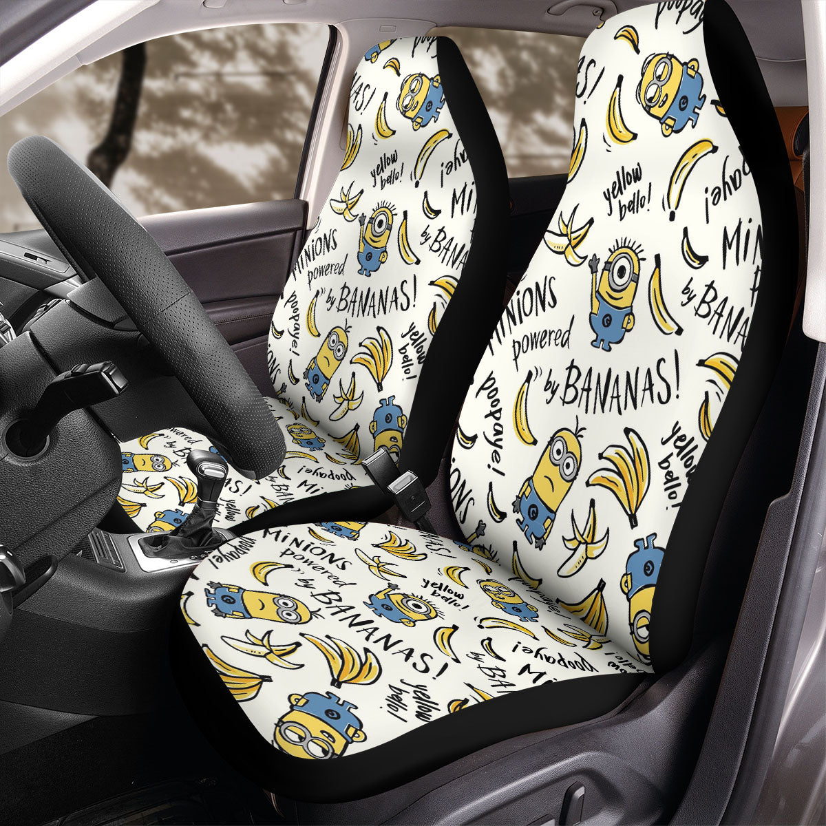 Minions Car Seat Covers Minions Powered By Bananas Pattern Seat Covers White