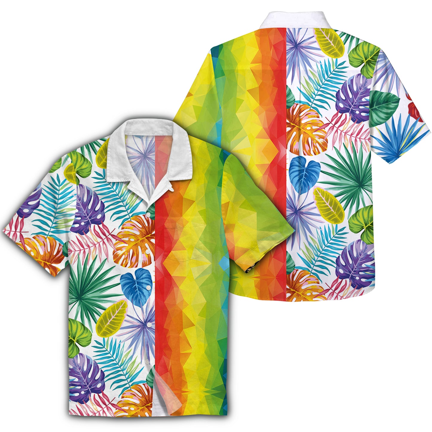 Unifinz LGBT Hawaiian Shirt Rainbow Polygonal Tropical Leaves Hawaii Aloha Shirt