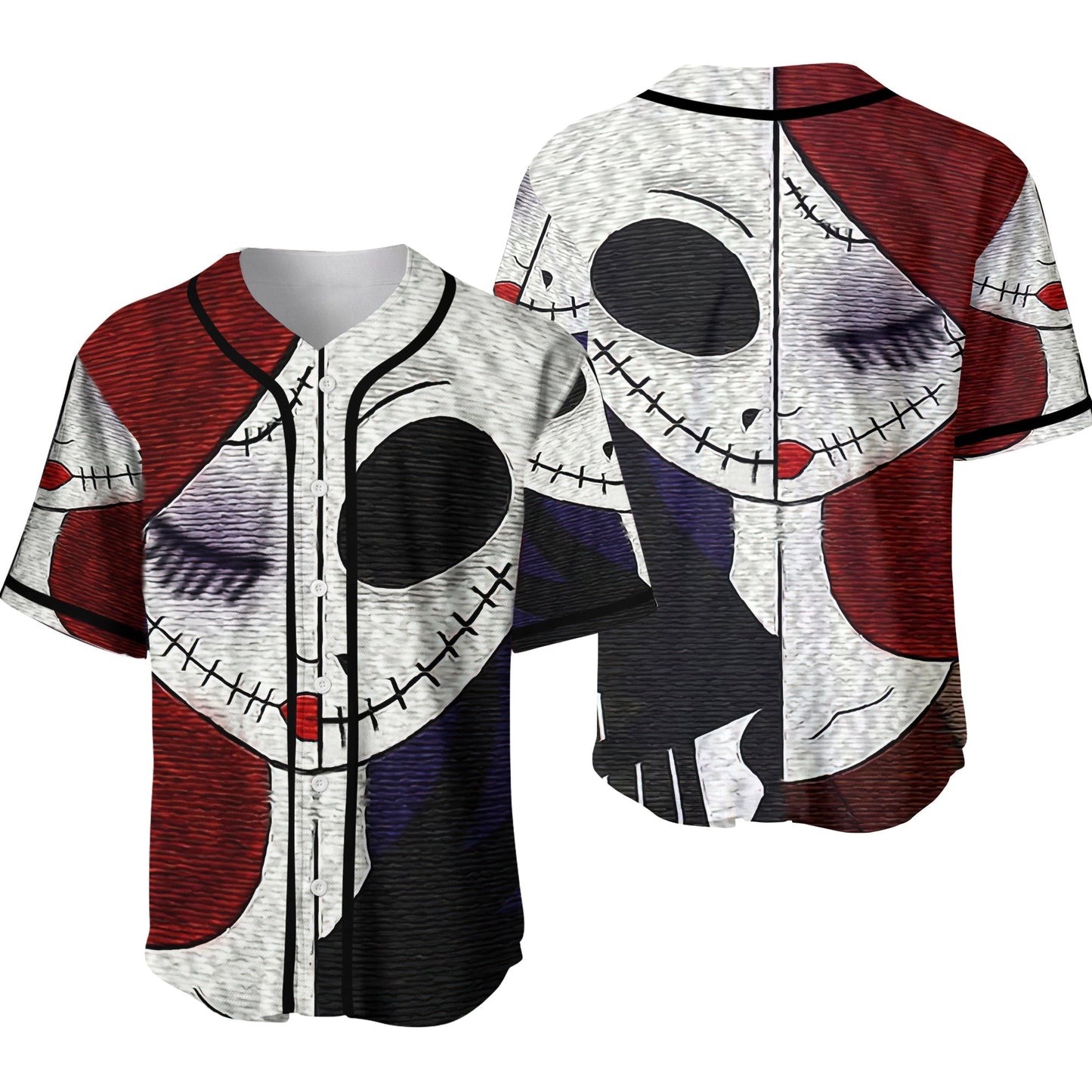 TNBC Jersey Jack Skellington And Sally Half Faces Graphic Jersey Shirt TNBC Baseball Jersey