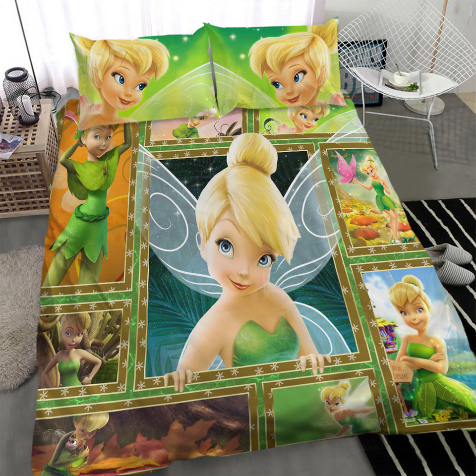 Tinker Bell Bedding Set DN Tinker Bell Fairy Elf Scenes Pattern Duvet Covers Green Unique Gift