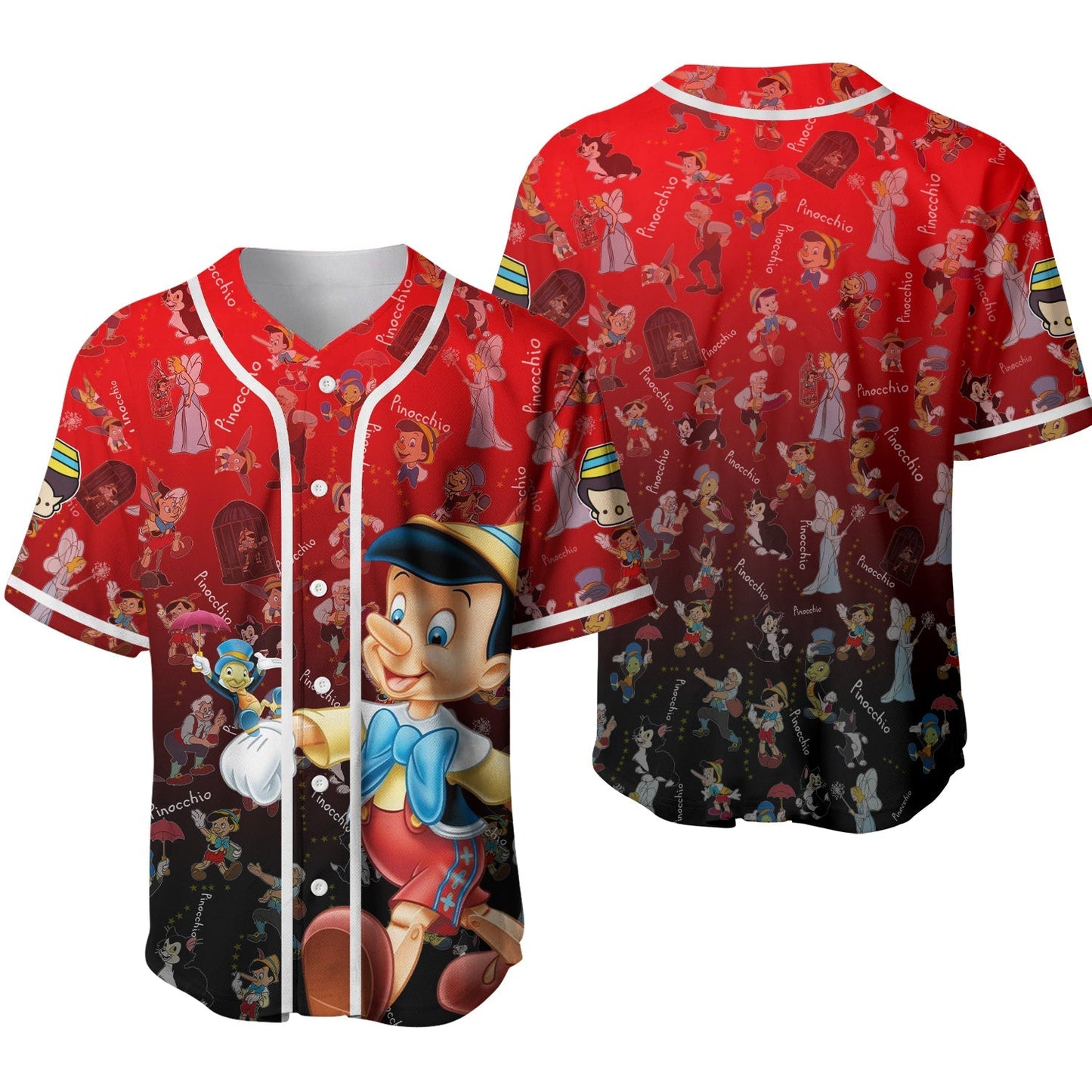 Disney Jersey Pinocchio Jiminy Cricket Geppetto Monstro Graphic Characters Pattern Red Jersey Shirt Pinocchio Baseball Jersey