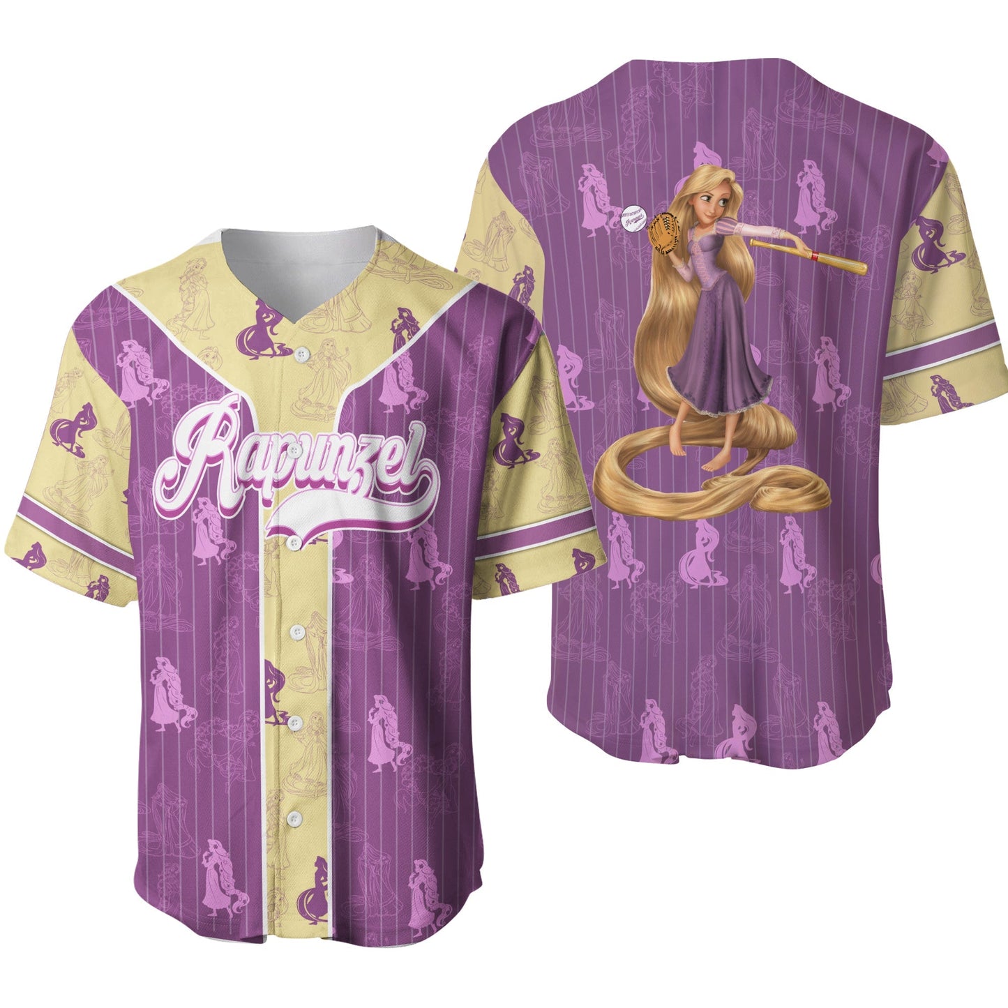 Disney Jersey Disney Princess Tangled Rapunzel Playing Sport Patterns Purple Yellow Jersey Shirt Rapunzel Baseball Jersey