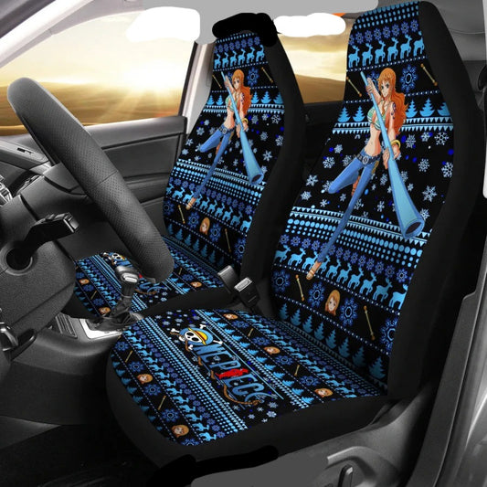 One Piece Car Seat Covers One Piece Nami Chrstmas Pattern Seat Covers Black Blue