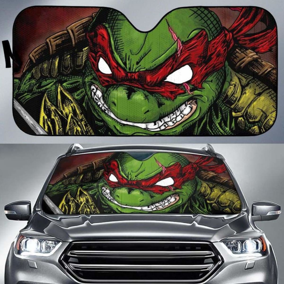 TMNT Car Sun Shade Ninja Turtles Angry Raphael Face Winshield Sun Shade Green Red