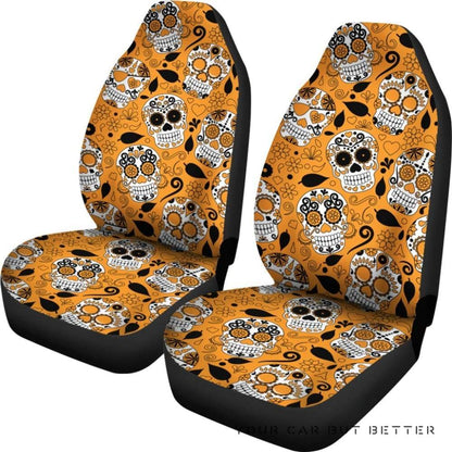 Skull Car Seat Covers Sugar Skull Flower Leaves Pattern Seat Covers White Orange