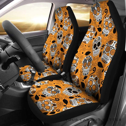 Skull Car Seat Covers Sugar Skull Flower Leaves Pattern Seat Covers White Orange