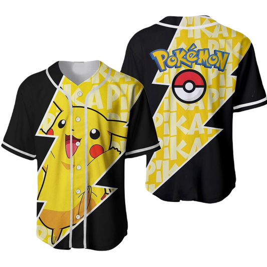 PKM Baseball Jersey Pikachu Graphic PKM Jersey Shirt Black Yellow Unisex Adult New Release