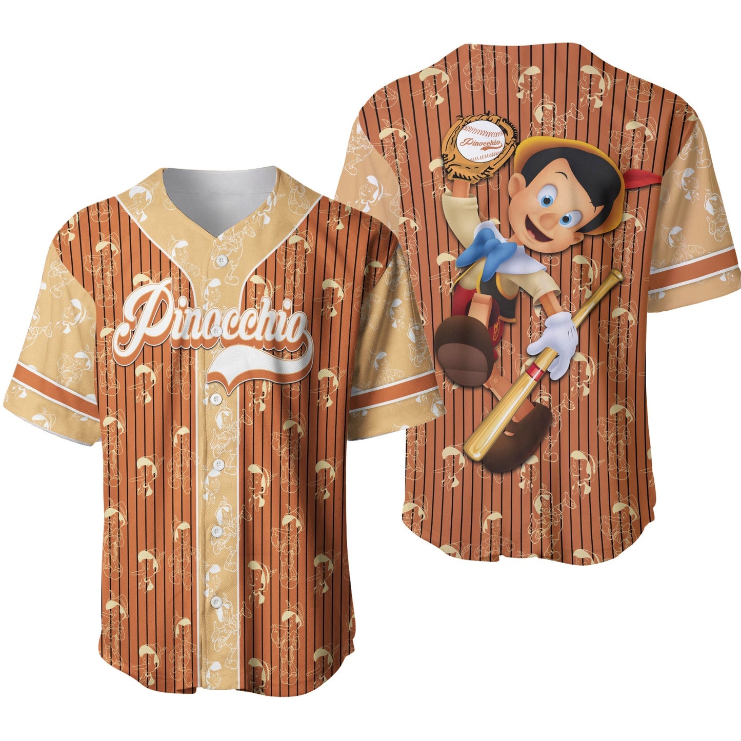 Disney Jersey Pinocchio Playing Sport As Designated Hitter Patterns Brown White Jersey Shirt Pinocchio Baseball Jersey