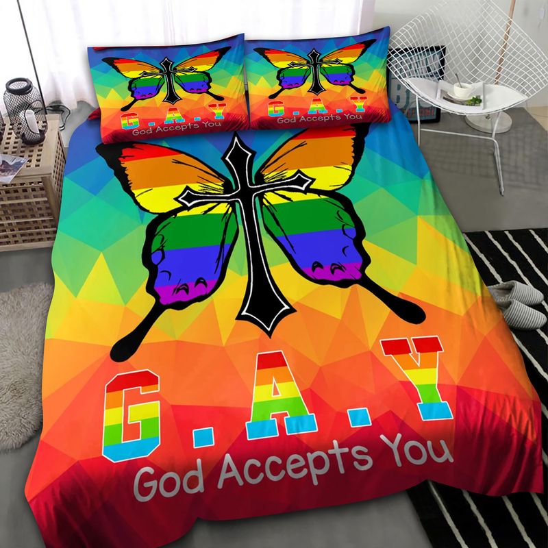 LGBT Bedding Set God Accepts You Rainbow Butterflies LGBT Pride Duvet Covers Colorful Unique Gift