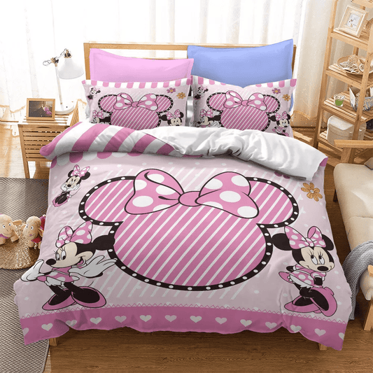 Minnie Bedding Set DN Minnie Head Graphic Stripes Pattern Duvet Covers Pink Unique Gift