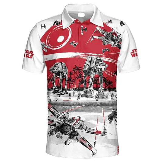 SW Polo Shirt AT-AT Walker X-Wings Fight Polo Tees White Red