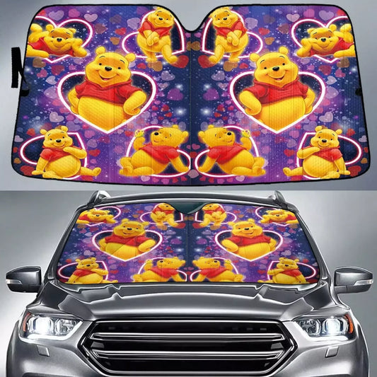 WTP Car Sun Shade Pooh All Poses Heart Pattern Winshield Sun Shade Pink Yellow