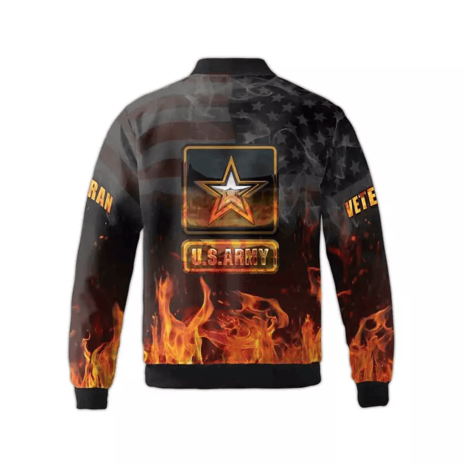 Veteran Bomber Jacket US Army Veteran Fire Graphic Bomber Black Orange Unisex