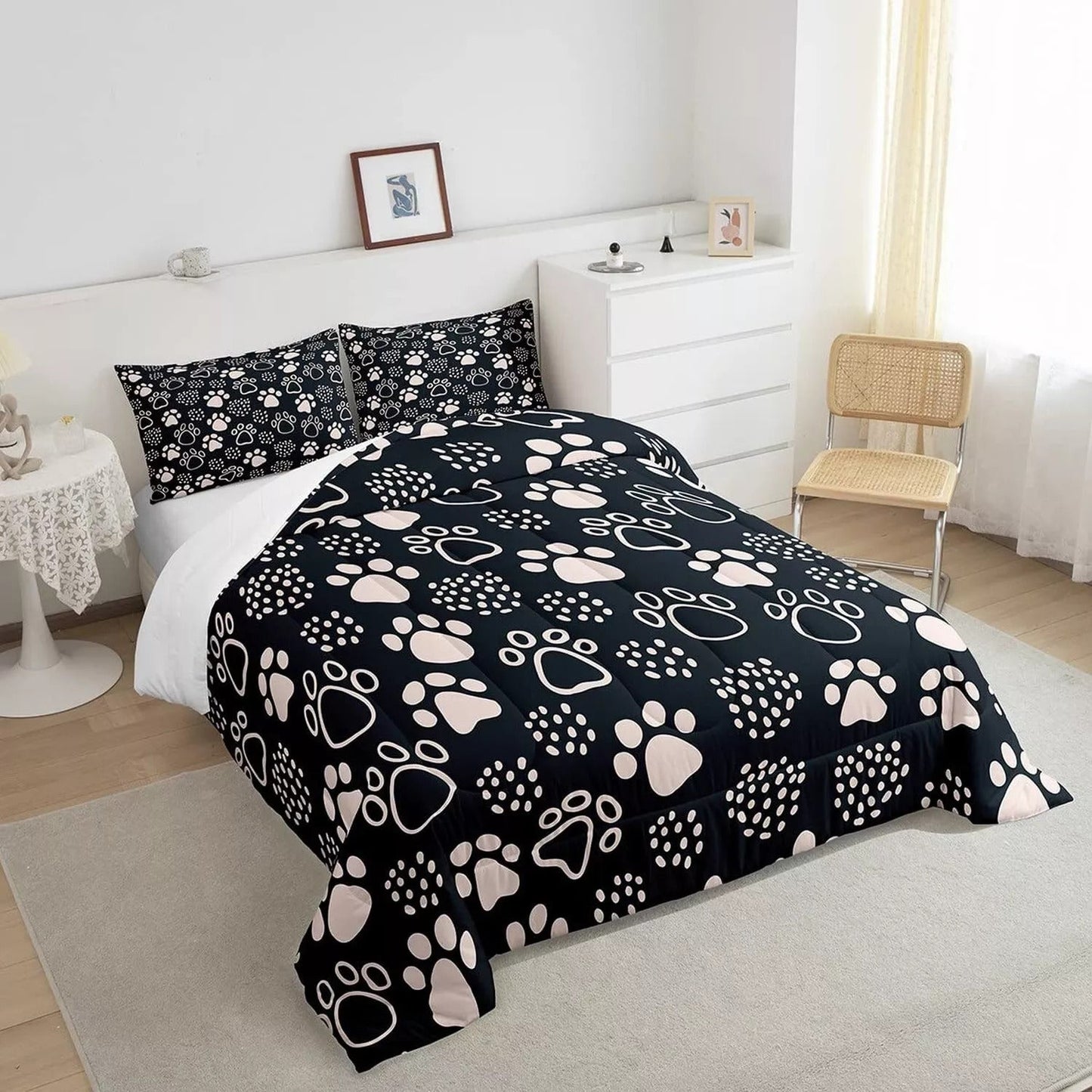 Dog Bedding Set Dog Paw Prints And Dot Pattern Duvet Covers Black White Unique Gift