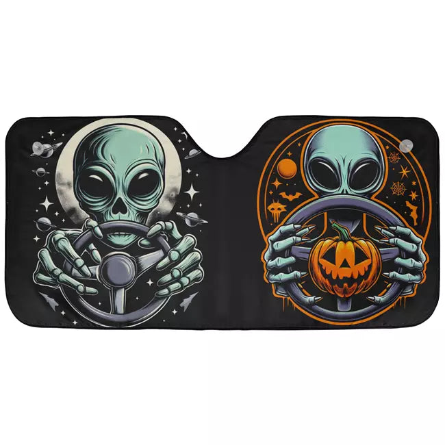 Alien Car Sun Shade Hlloween Alien On The Wheel Winshield Sun Shade Black