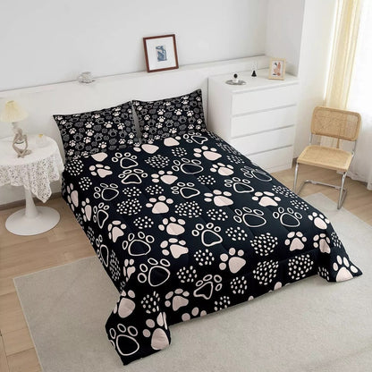 Dog Bedding Set Dog Paw Prints And Dot Pattern Duvet Covers Black White Unique Gift