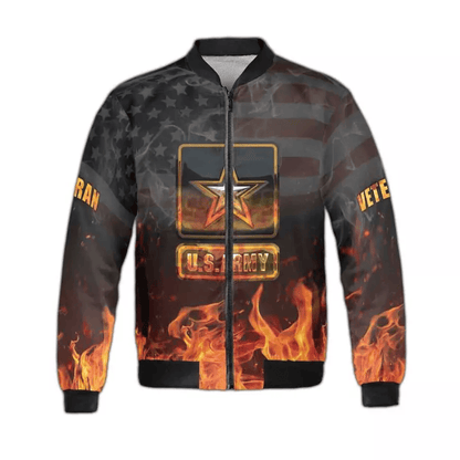 Veteran Bomber Jacket US Army Veteran Fire Graphic Bomber Black Orange Unisex