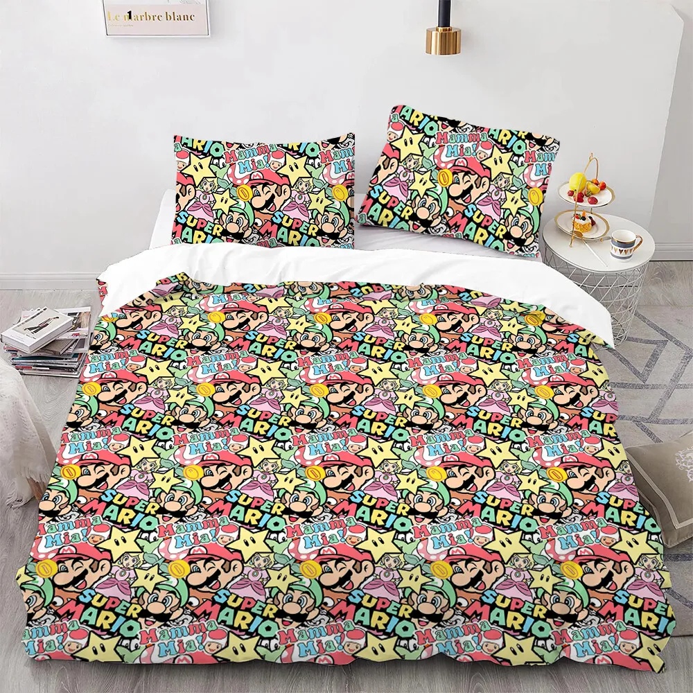 Mario Bedding Set Super Mario Peach Juigi Stars Pattern Duvet Covers Colorful Unique Gift