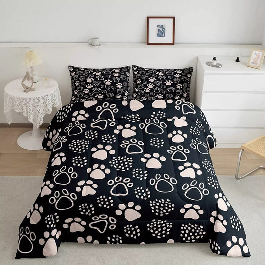 Dog Bedding Set Dog Paw Prints And Dot Pattern Duvet Covers Black White Unique Gift