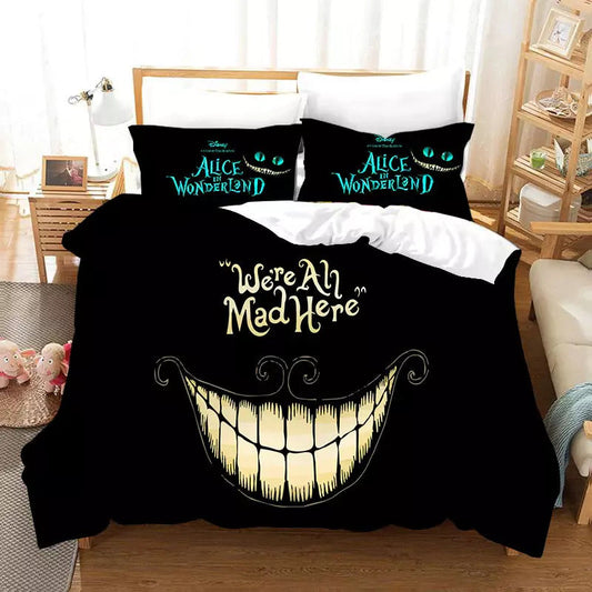 Alice In Wonderland Bedding Set We're All Mad Here Smiling Mouth Duvet Covers Black Unique Gift