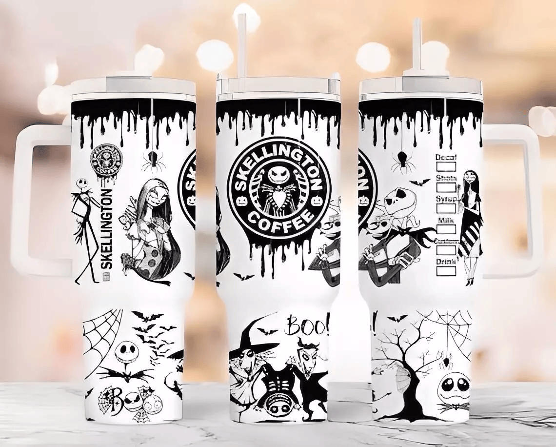 TNBC 40 Oz Tumbler Skellington Coffee Sally Oogie Boys Tumbler 40 Oz Black White