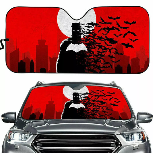 Batman Car Sun Shade Superhero Batman Silhouette City Pattern Winshield Sun Shade Black Red