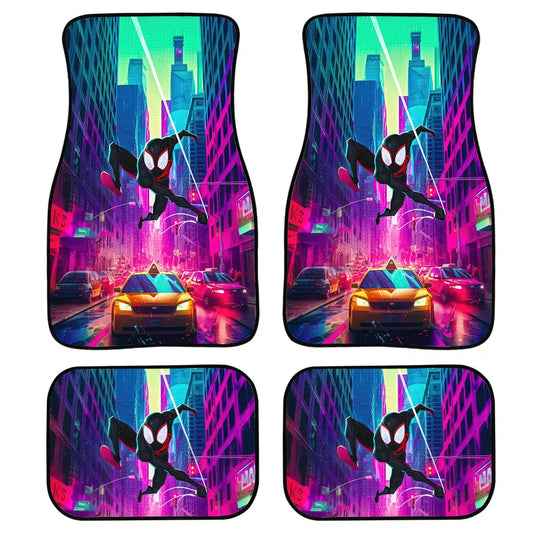 Spiderman Car Mats Spiderman Mile Morales Swinging Around The City Car Floor Mats Colorful