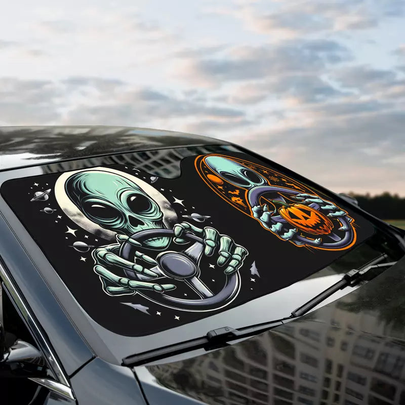 Alien Car Sun Shade Hlloween Alien On The Wheel Winshield Sun Shade Black