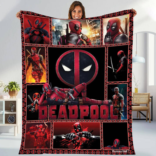 Deadpool Blanket Deadpool Symbol And Poses Pattern Blanket Red Black